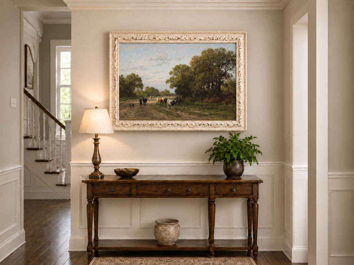 Hand-painted Cattle on Country Path in Drenthe landscape oil painting displayed as wall art in a styled interior