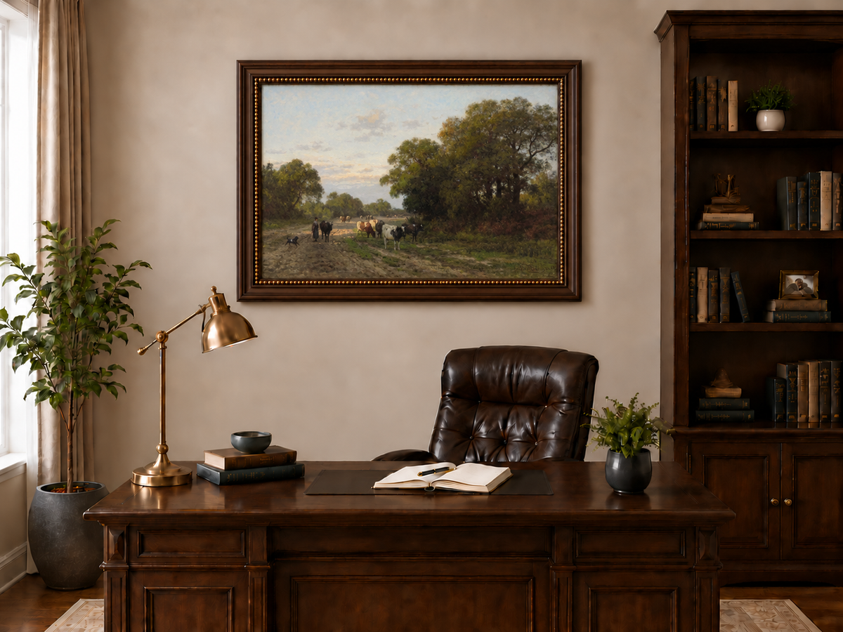 Hand-painted Cattle on Country Path in Drenthe landscape oil painting displayed as wall art in a styled interior