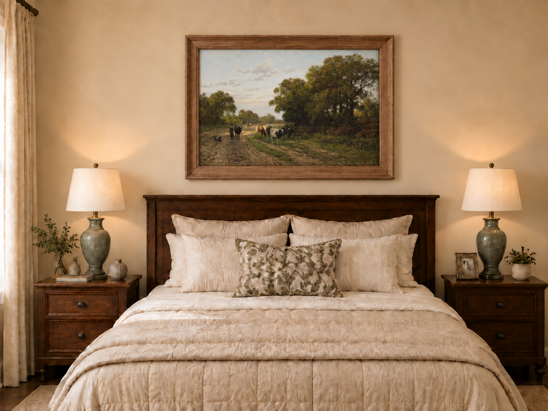 Hand-painted Cattle on Country Path in Drenthe landscape oil painting displayed as wall art in a styled interior
