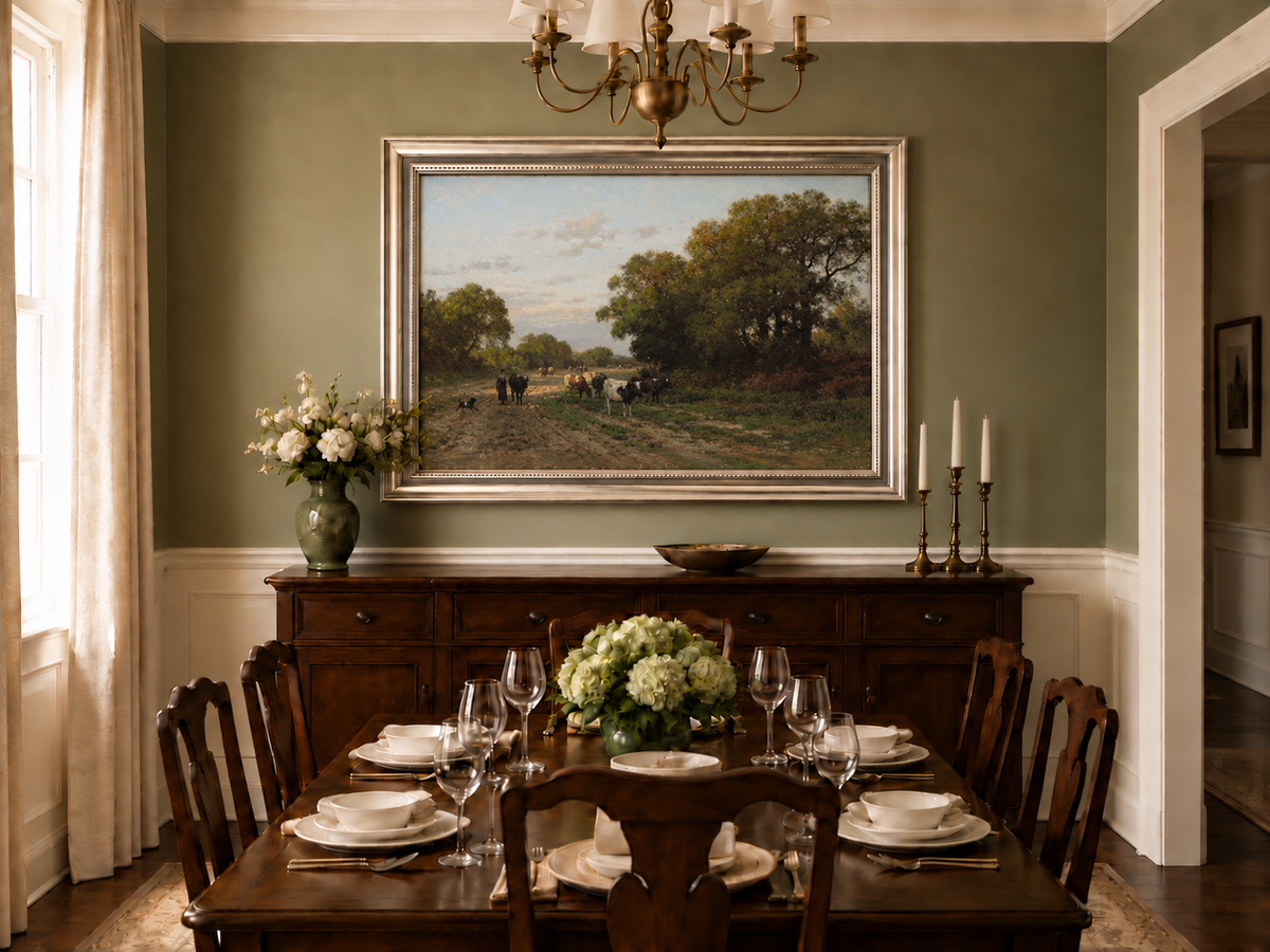 Hand-painted Cattle on Country Path in Drenthe landscape oil painting displayed as wall art in a styled interior