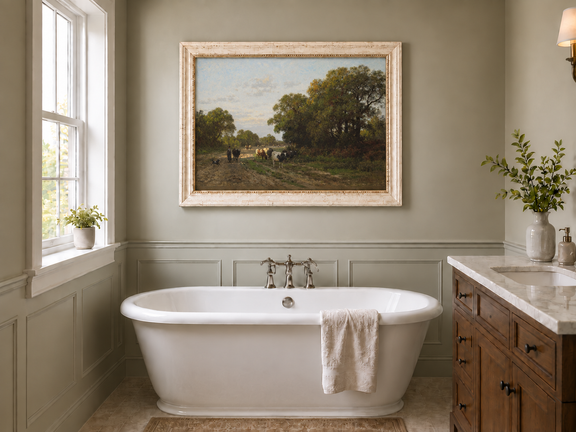 Hand-painted Cattle on Country Path in Drenthe landscape oil painting displayed as wall art in a styled interior