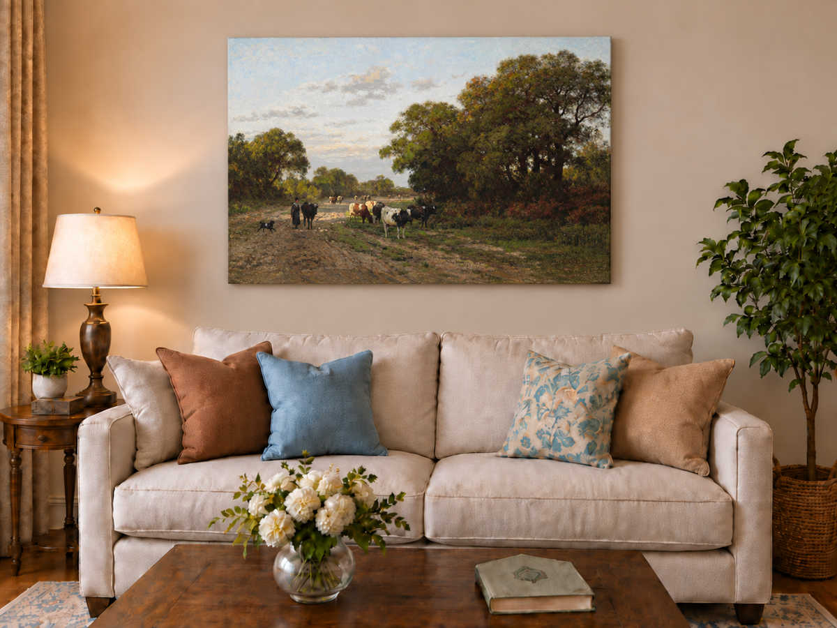 Hand-painted Cattle on Country Path in Drenthe landscape oil painting displayed as wall art in a styled interior