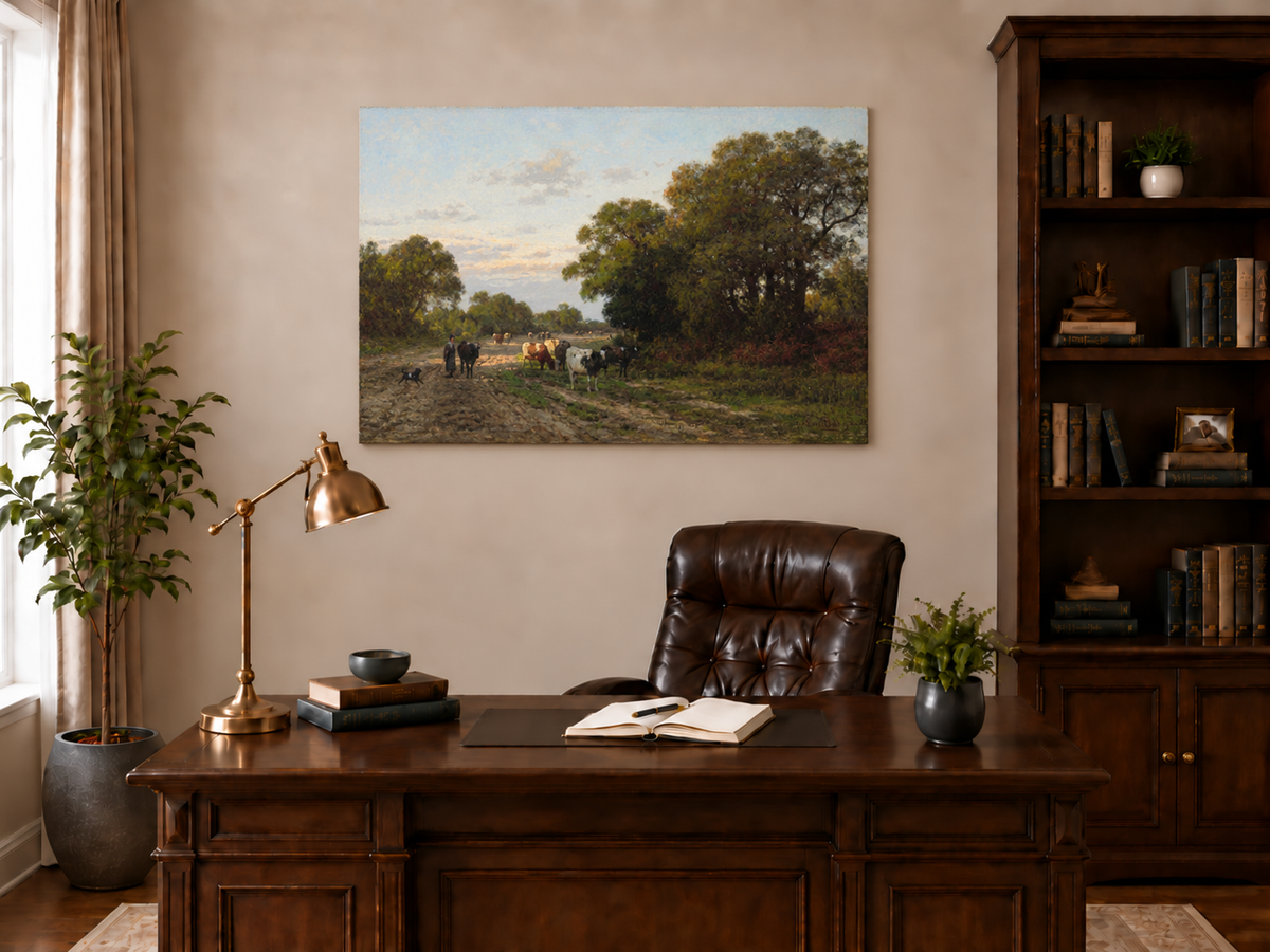 Hand-painted Cattle on Country Path in Drenthe landscape oil painting displayed as wall art in a styled interior
