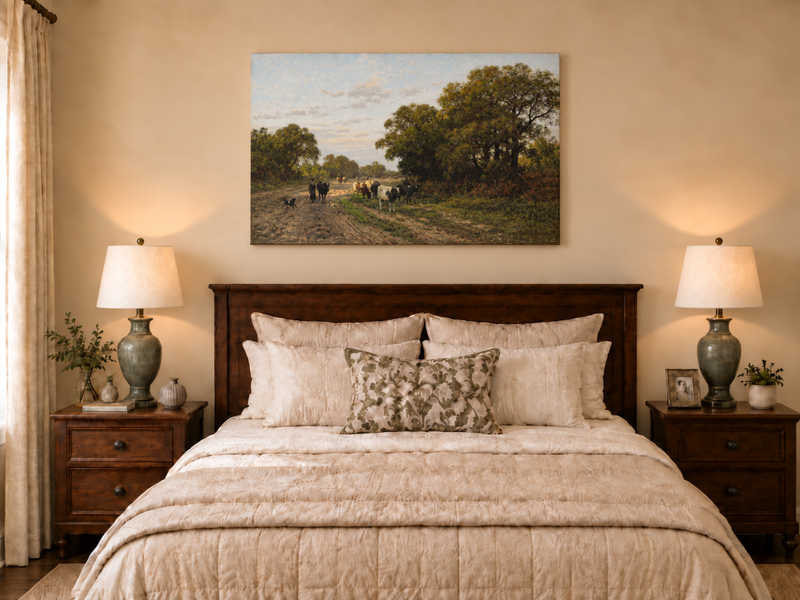 Hand-painted Cattle on Country Path in Drenthe landscape oil painting displayed as wall art in a styled interior