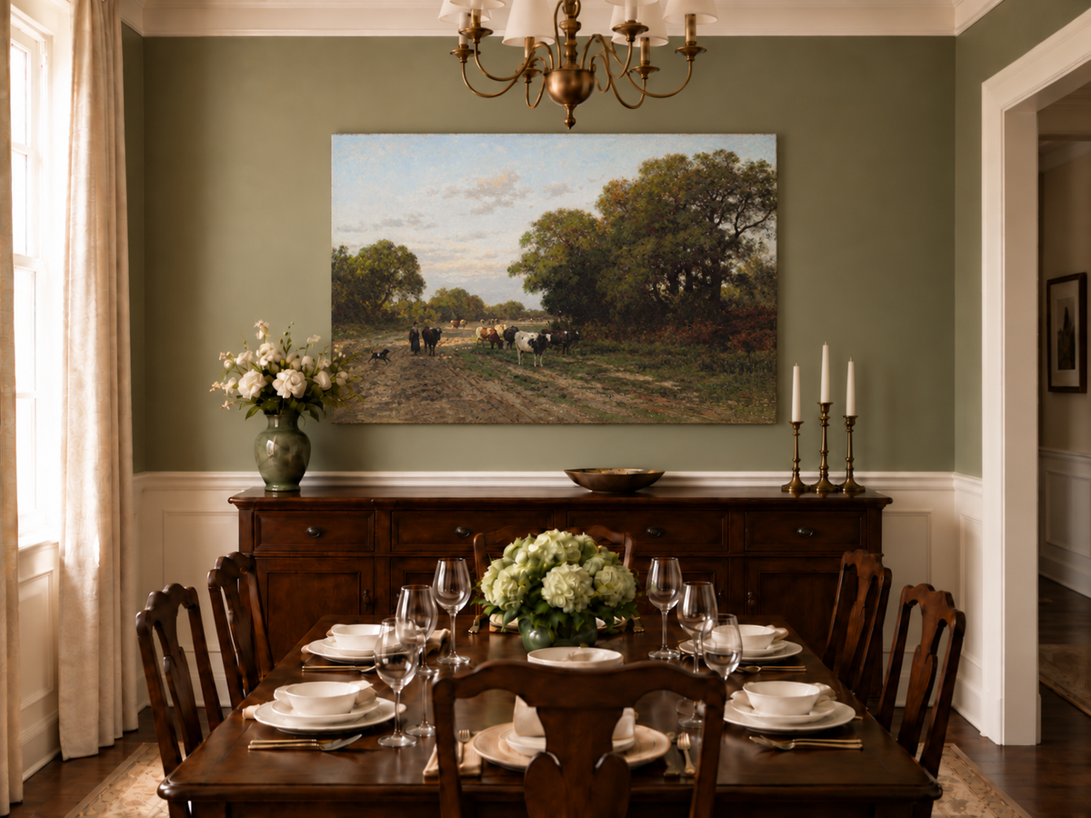Hand-painted Cattle on Country Path in Drenthe landscape oil painting displayed as wall art in a styled interior
