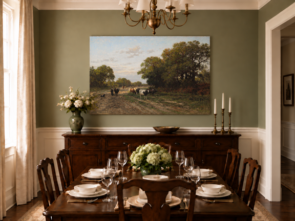 Hand-painted Cattle on Country Path in Drenthe landscape oil painting displayed as wall art in a styled interior