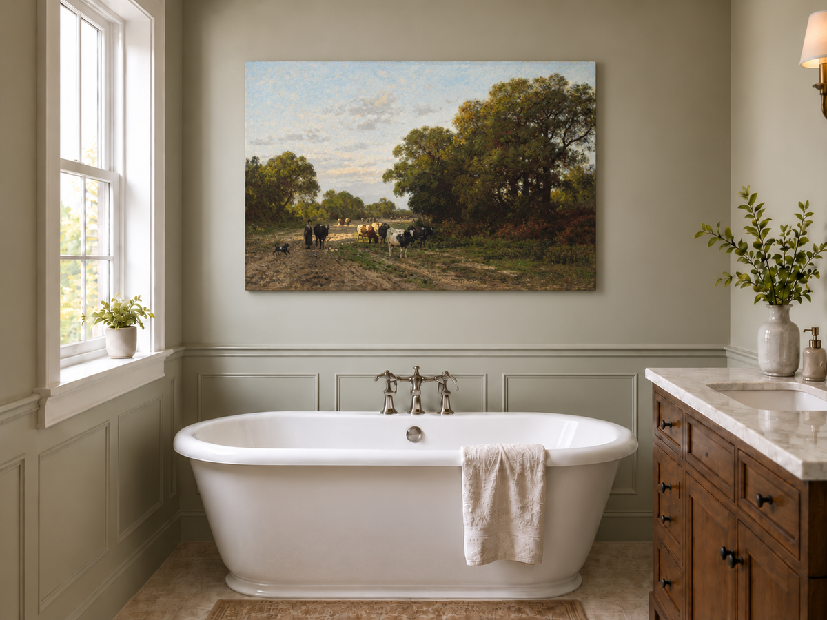 Hand-painted Cattle on Country Path in Drenthe landscape oil painting displayed as wall art in a styled interior