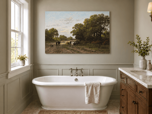 Hand-painted Cattle on Country Path in Drenthe landscape oil painting displayed as wall art in a styled interior