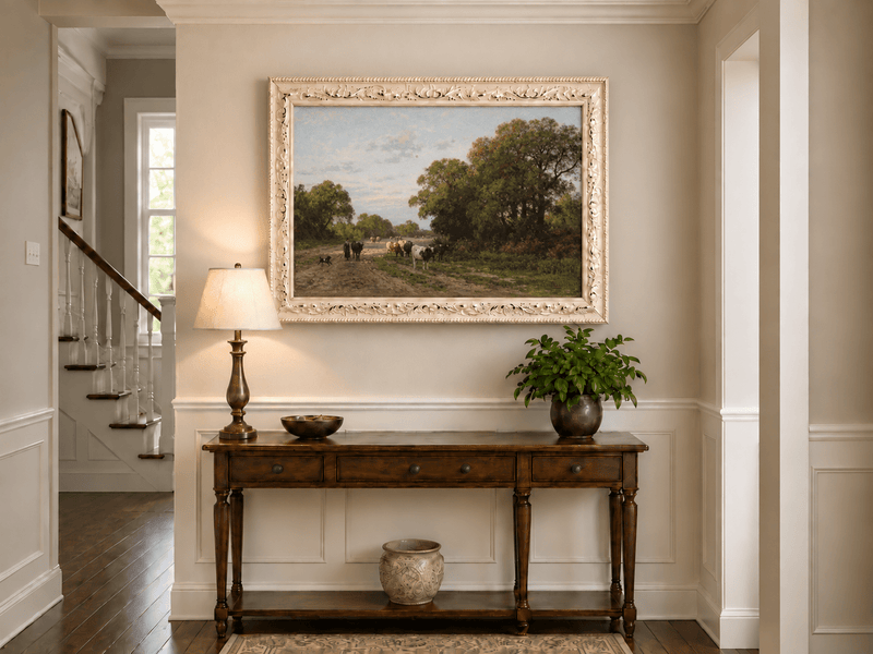 Hand-painted Cattle on Country Path in Drenthe landscape oil painting displayed as wall art in a styled interior