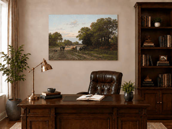 Hand-painted Cattle on Country Path in Drenthe landscape oil painting displayed as wall art in a styled interior