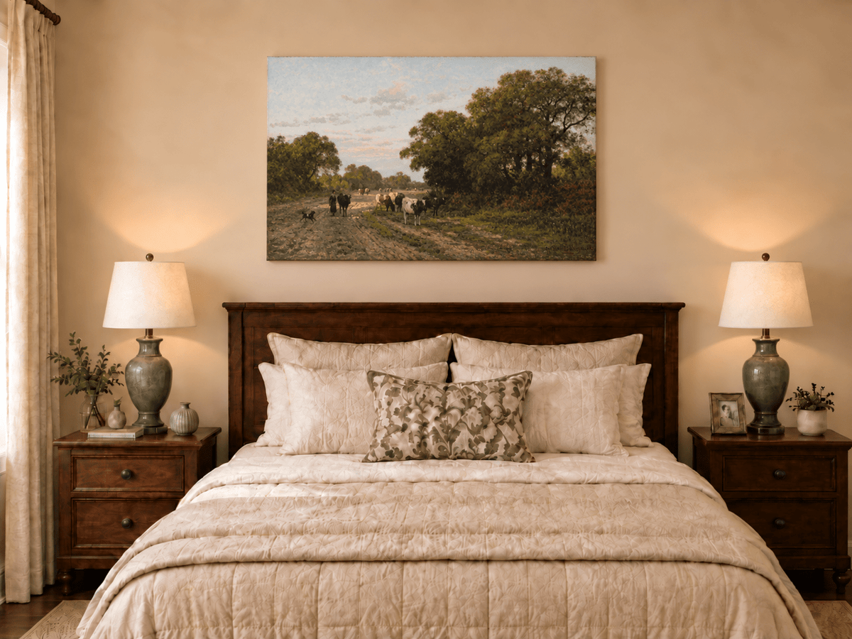 Hand-painted Cattle on Country Path in Drenthe landscape oil painting displayed as wall art in a styled interior