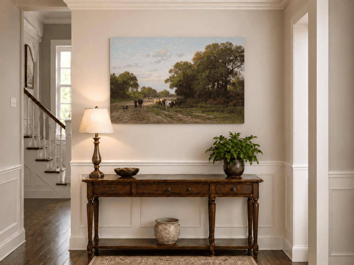 Hand-painted Cattle on Country Path in Drenthe landscape oil painting displayed as wall art in a styled interior