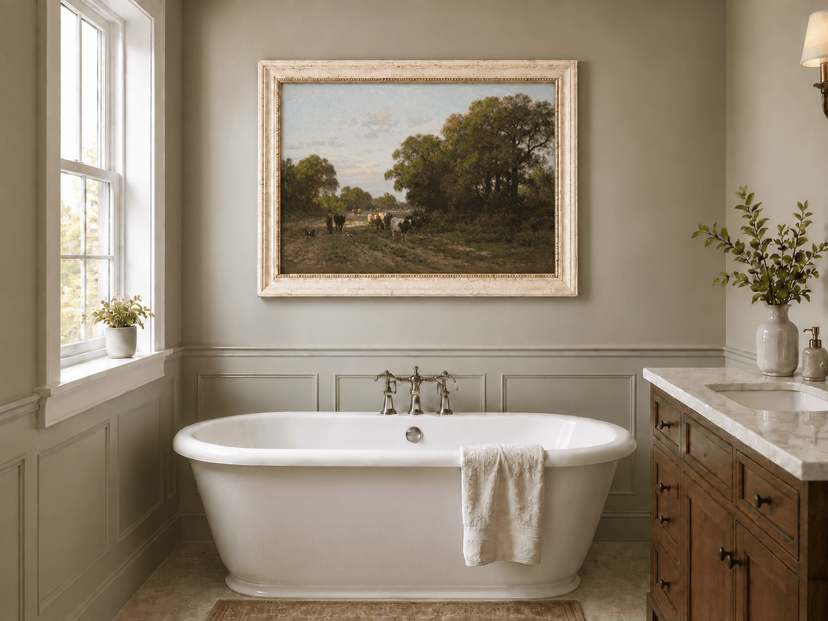 Hand-painted Cattle on Country Path in Drenthe landscape oil painting displayed as wall art in a styled interior