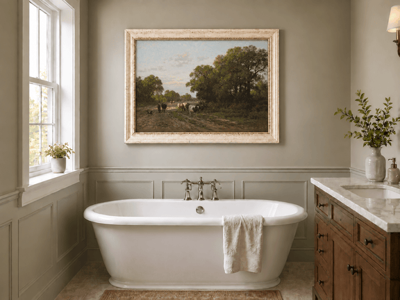 Hand-painted Cattle on Country Path in Drenthe landscape oil painting displayed as wall art in a styled interior