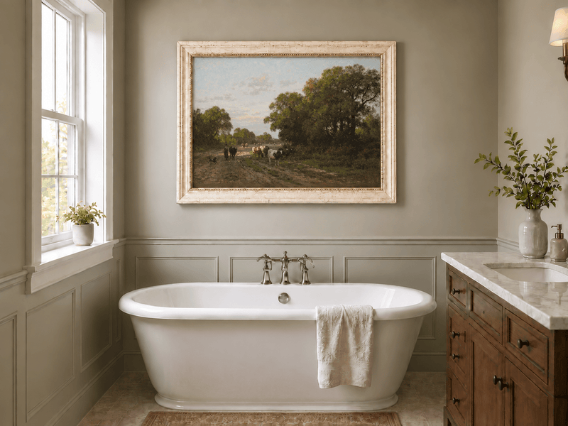 Hand-painted Cattle on Country Path in Drenthe landscape oil painting displayed as wall art in a styled interior