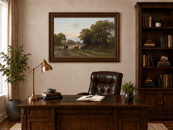 Hand-painted Cattle on Country Path in Drenthe landscape oil painting displayed as wall art in a styled interior