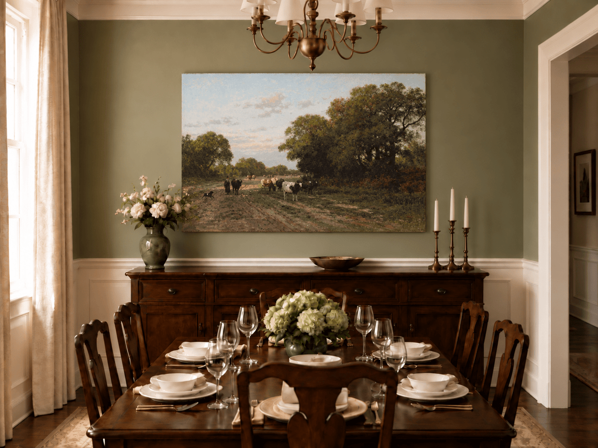 Hand-painted Cattle on Country Path in Drenthe landscape oil painting displayed as wall art in a styled interior