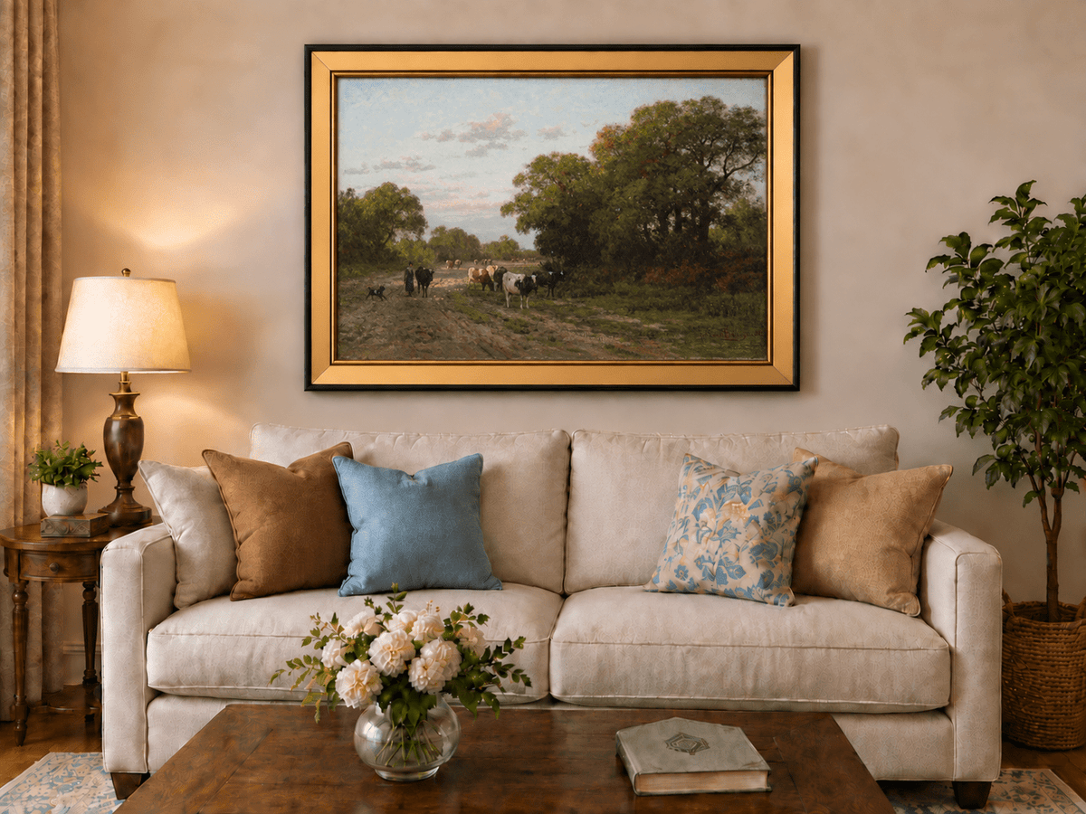 Hand-painted Cattle on Country Path in Drenthe landscape oil painting displayed as wall art in a styled interior