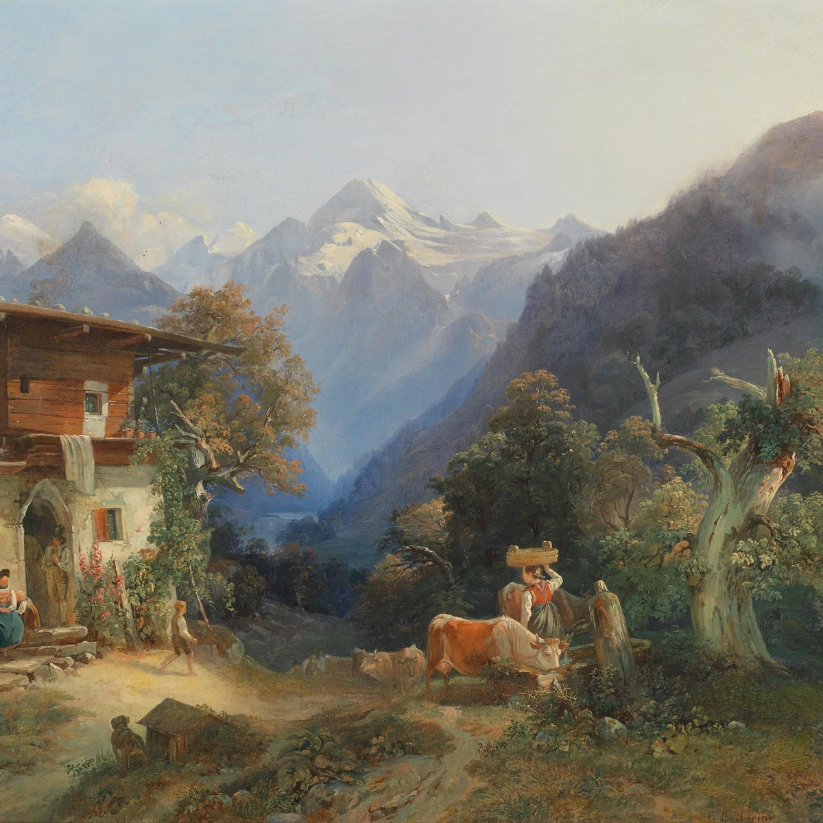 Landscape Oil Painting - Cattle & Snow - Capped Mountain Valley - Oil Painting Haven