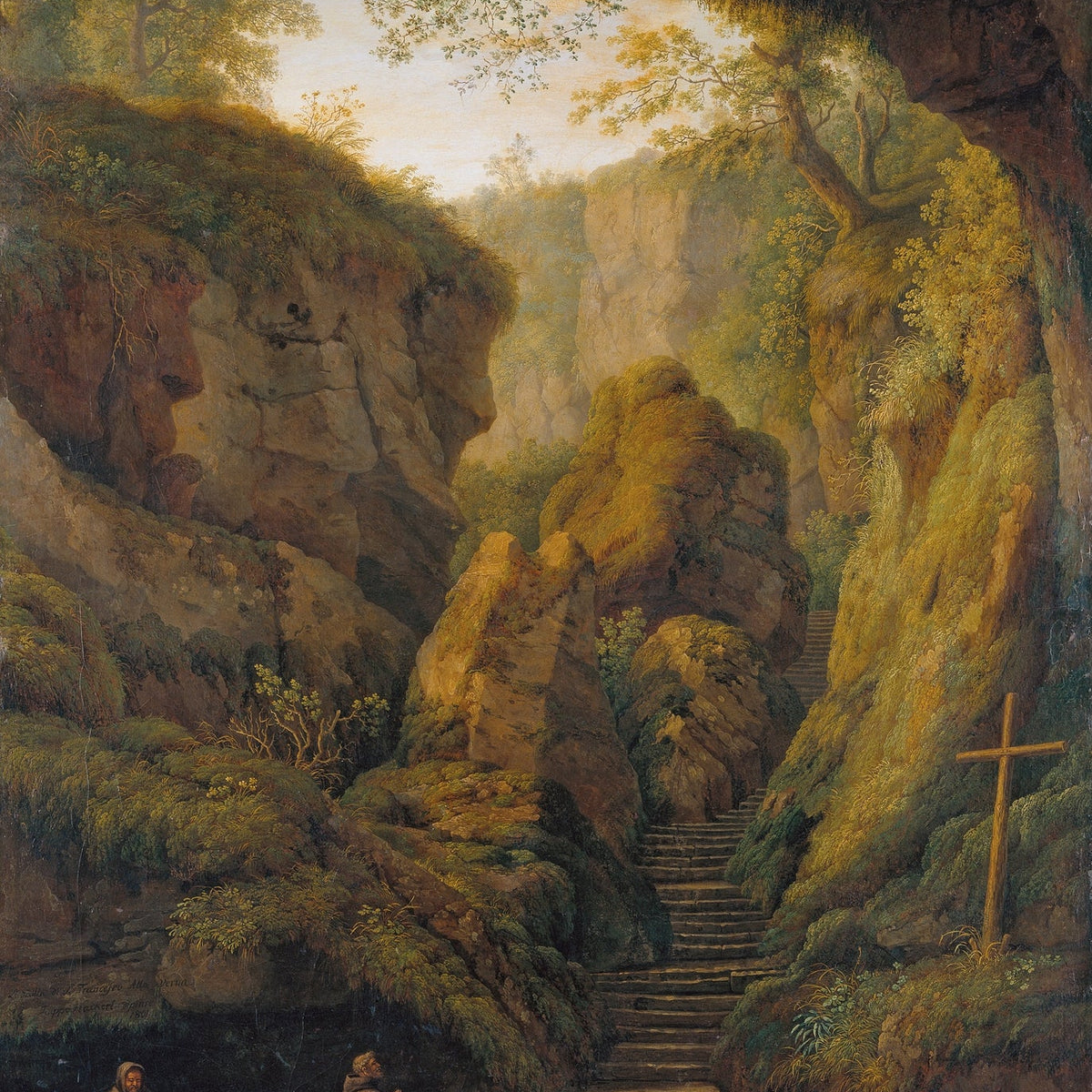 Landscape Oil Painting - Cave Interior, Canyon Stairs, Praying Figures - Oil Painting Haven