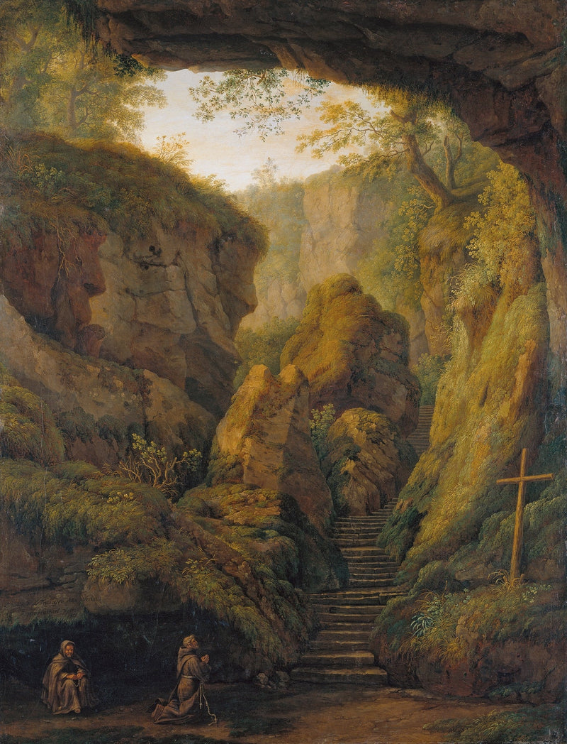 Landscape Oil Painting - Cave Interior, Canyon Stairs, Praying Figures - Oil Painting Haven