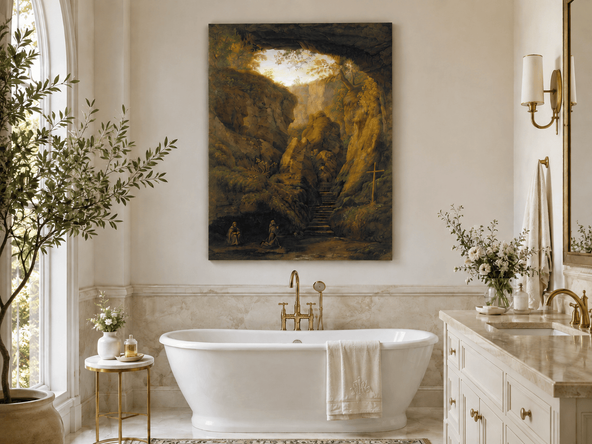 Peinture à l'huile de paysage - Intérieur de grotte, escaliers de canyon, prière