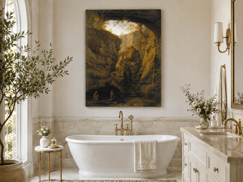Peinture à l'huile de paysage - Intérieur de grotte, escaliers de canyon, prière