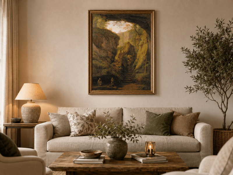 Peinture à l'huile de paysage - Intérieur de grotte, escaliers de canyon, prière