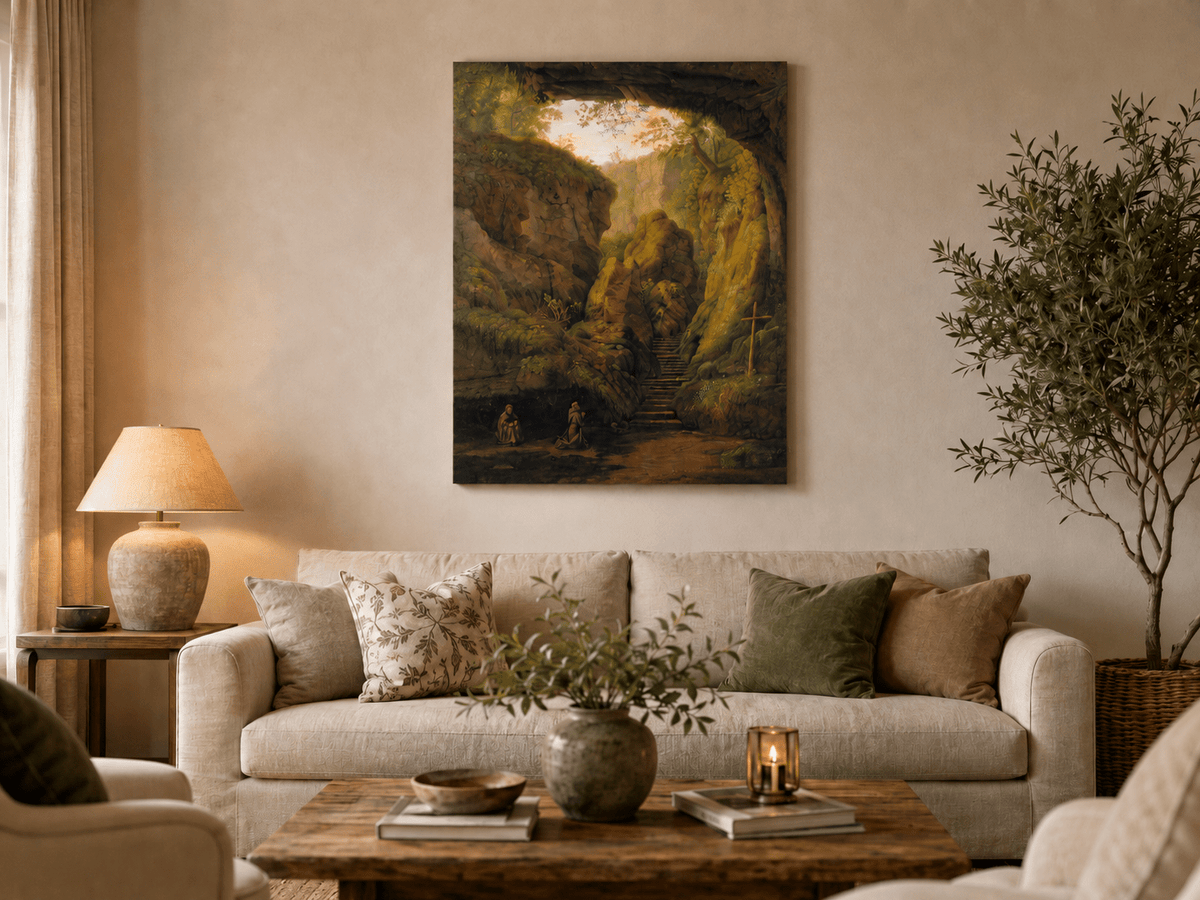 Peinture à l'huile de paysage - Intérieur de grotte, escaliers de canyon, prière