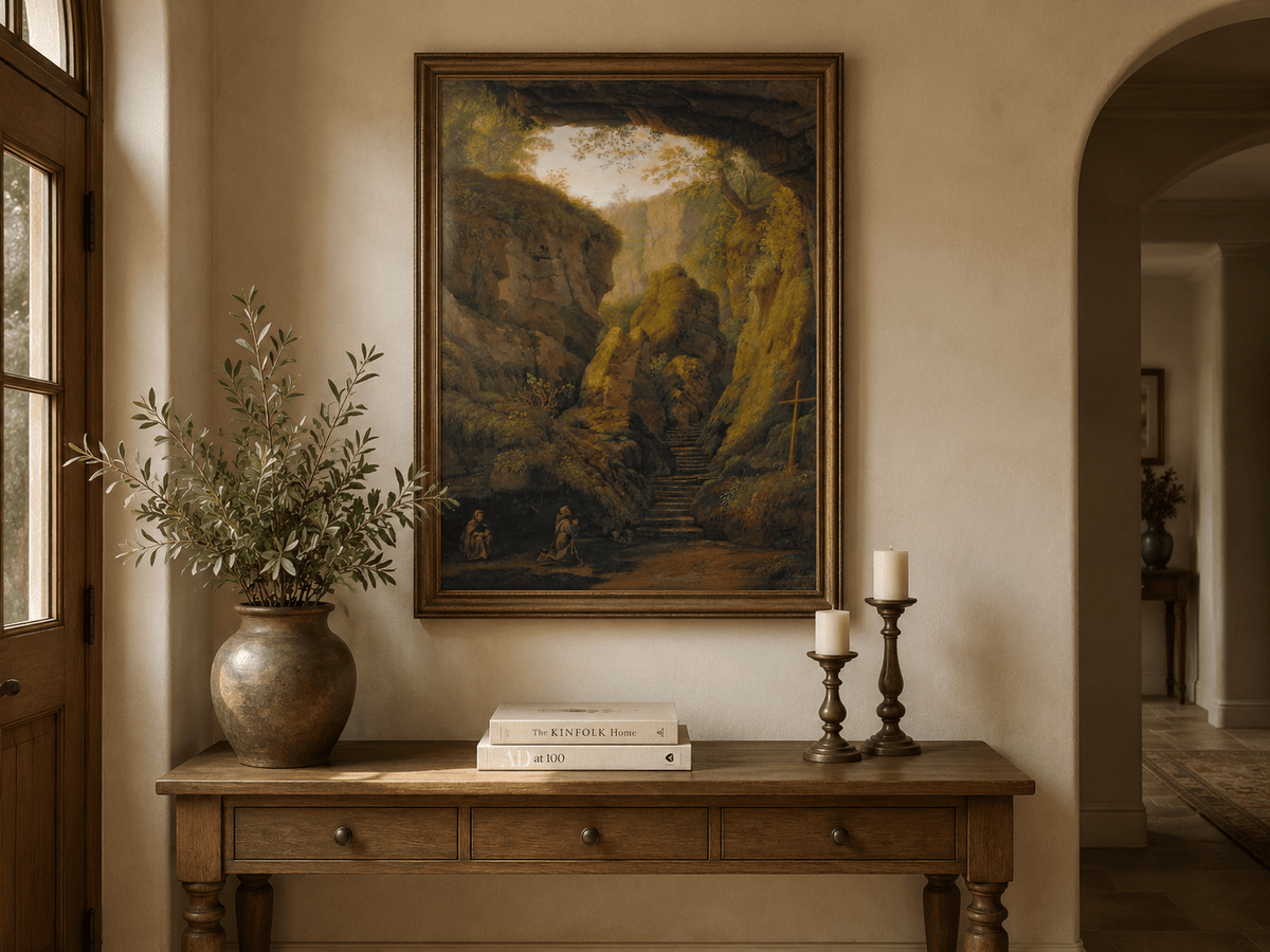 Peinture à l'huile de paysage - Intérieur de grotte, escaliers de canyon, prière