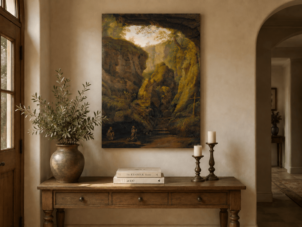 Peinture à l'huile de paysage - Intérieur de grotte, escaliers de canyon, prière