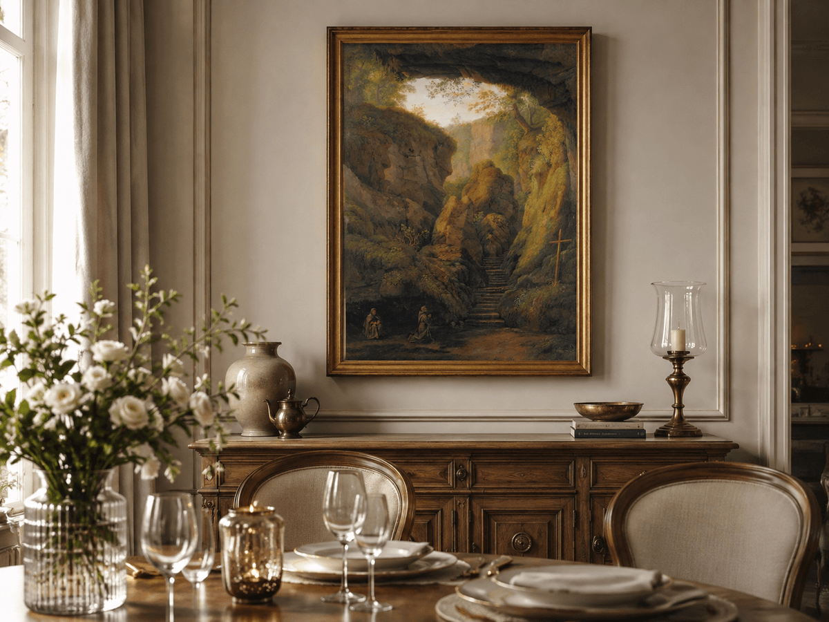 Peinture à l'huile de paysage - Intérieur de grotte, escaliers de canyon, prière