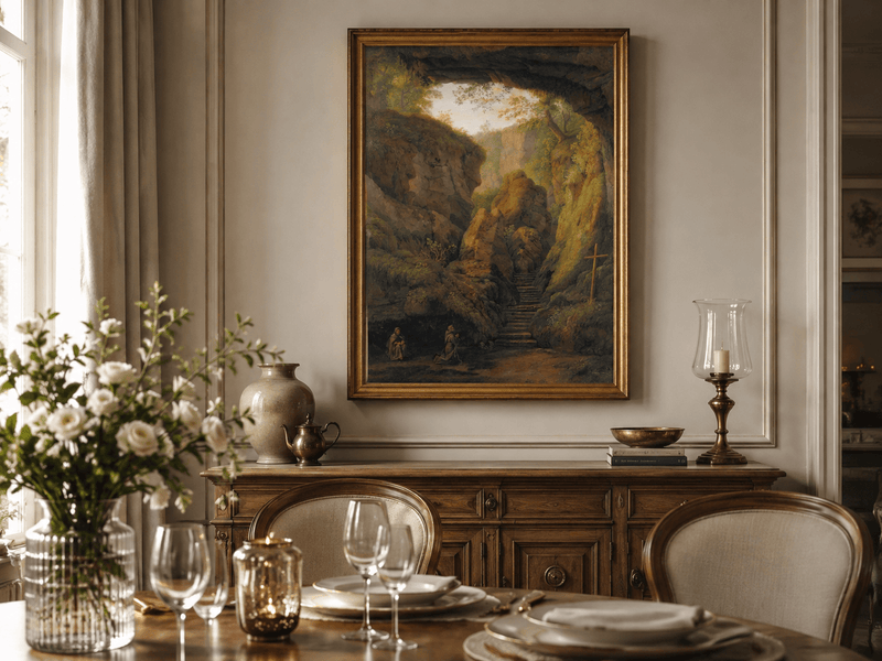 Peinture à l'huile de paysage - Intérieur de grotte, escaliers de canyon, prière