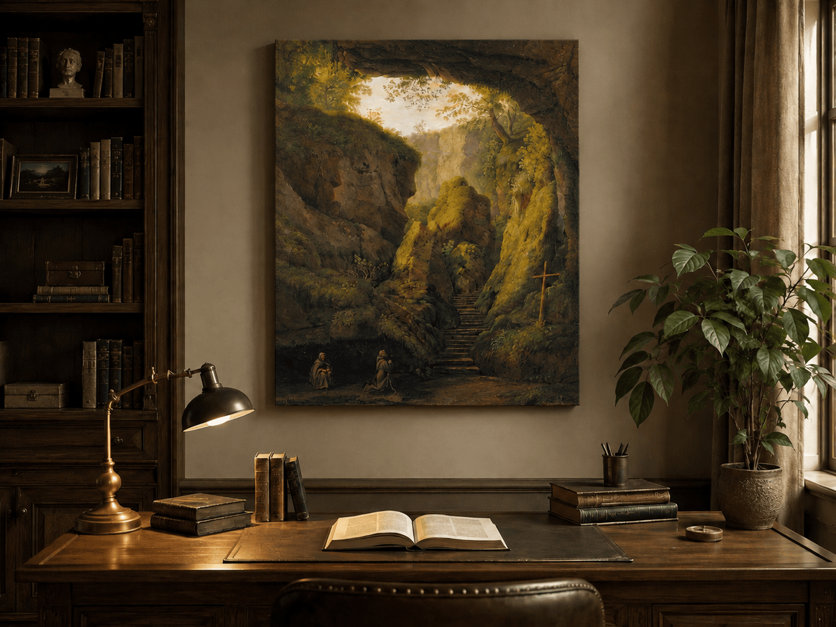 Peinture à l'huile de paysage - Intérieur de grotte, escaliers de canyon, prière