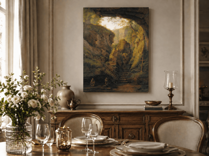 Peinture à l'huile de paysage - Intérieur de grotte, escaliers de canyon, prière