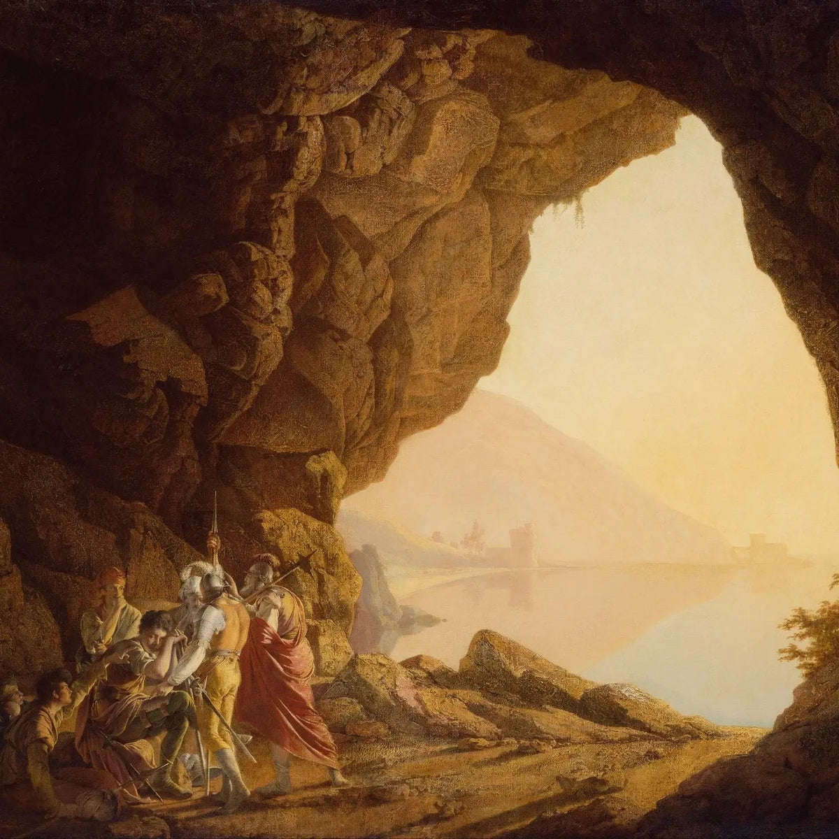 Landscape Oil Painting - Cave Scene with Figures and Lake View Wall Art - Oil Painting Haven