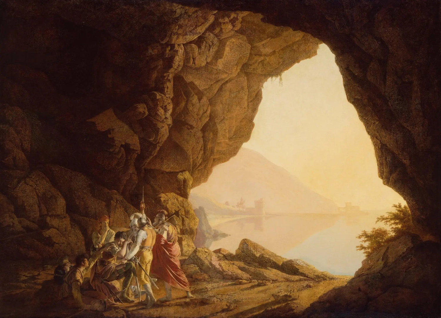 Landscape Oil Painting - Cave Scene with Figures and Lake View Wall Art - Oil Painting Haven