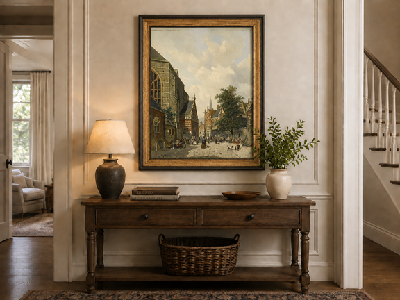 Charming town square with church and figures hand-painted oil artwork shown as home wall decor.