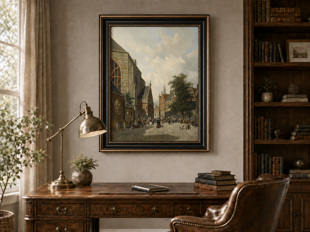 Charming town square with church and figures landscape oil painting in an interior wall art mockup.