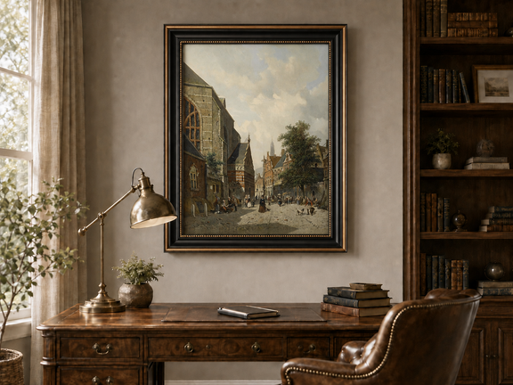 Charming town square with church and figures landscape oil painting in an interior wall art mockup.