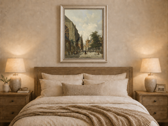 Hand-painted charming town square with church and figures artwork displayed as decorative wall art.