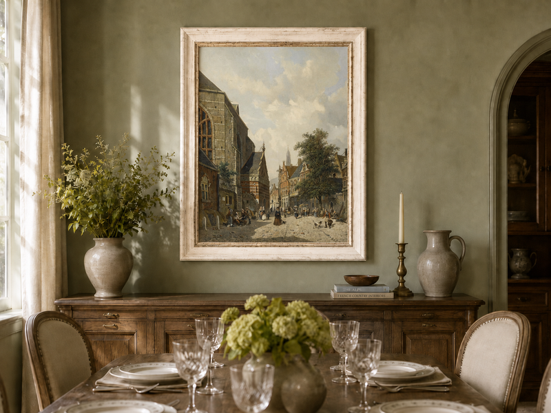Charming town square with church and figures oil landscape artwork shown in a styled home interior.