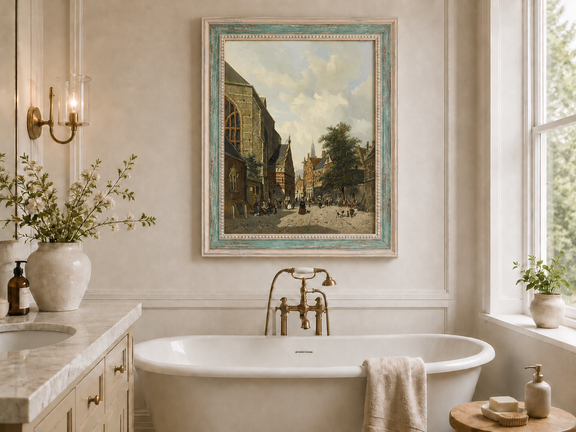 Charming town square with church and figures landscape oil painting presented as interior home decor.