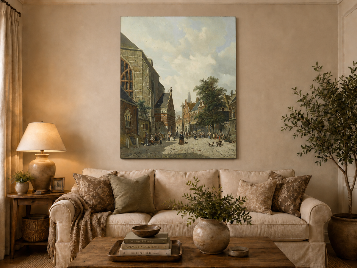 Charming town square with church and figures hand-painted oil artwork displayed in a second interior view.