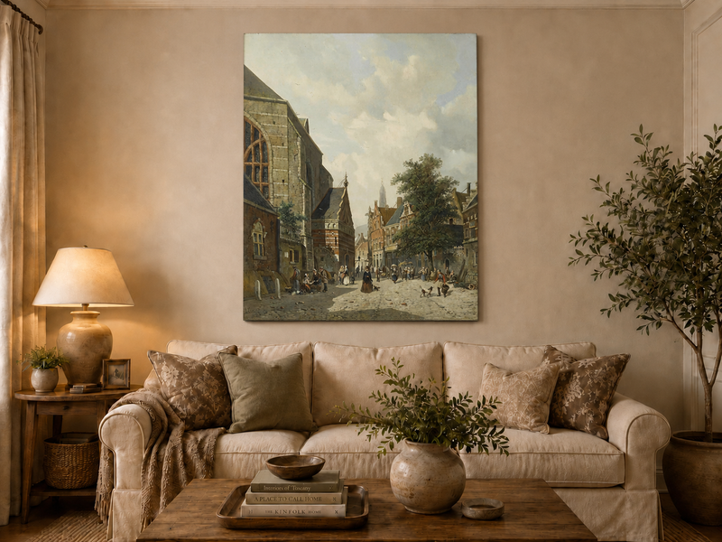 Charming town square with church and figures hand-painted oil artwork displayed in a second interior view.