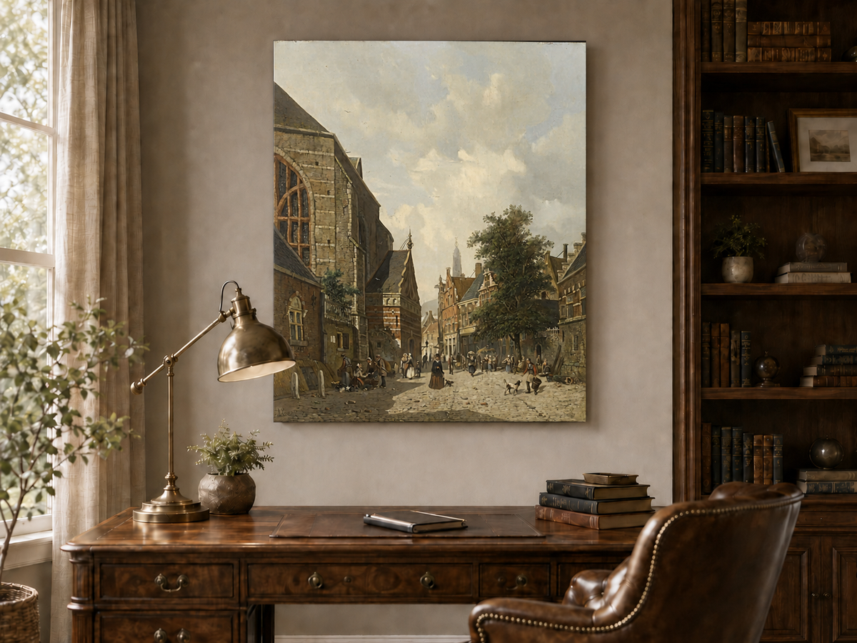 Charming town square with church and figures landscape painting shown as decorative oil wall art.