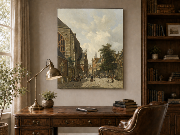 Charming town square with church and figures landscape painting shown as decorative oil wall art.