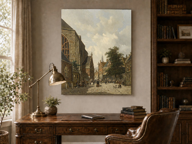 Charming town square with church and figures landscape painting shown as decorative oil wall art.