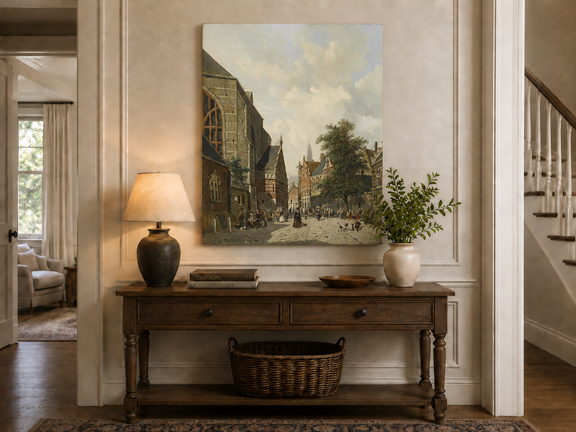 Interior wall art view featuring a charming town square with church and figures oil painting.