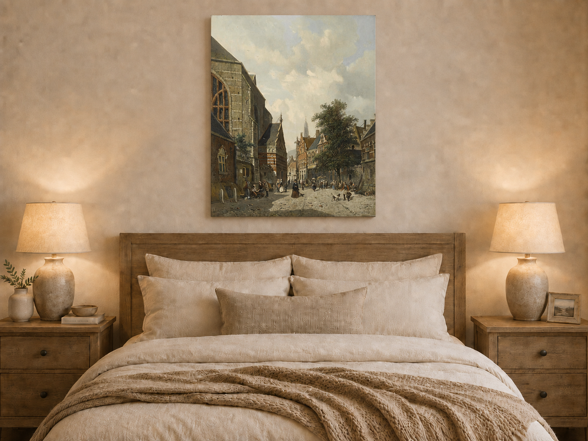 Charming town square with church and figures oil painting displayed as landscape wall decor.